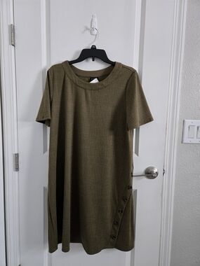 Olive Short-Sleeve Shift Dress with Side Button Detail